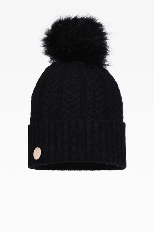 Georgie Cashmere Cable Rib Pom Pom Hat in Black with Faux Fur Pom