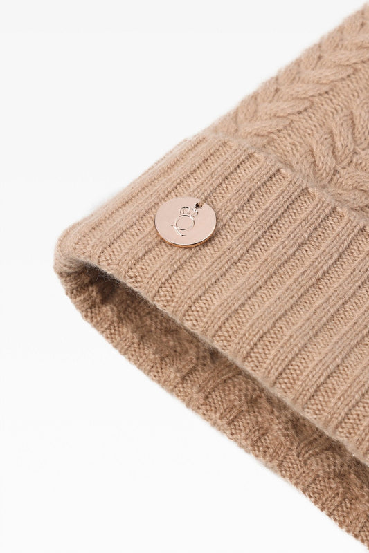 Georgie Cashmere Cable Rib Pom Pom Hat in Hazel with Faux Fur Pom