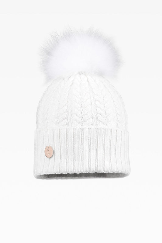 Georgie Cashmere Cable Rib Pom Hat in Cloud White with Faux Fur Pom