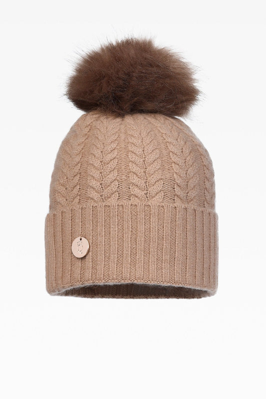 Georgie Cashmere Cable Rib Pom Pom Hat in Hazel with Faux Fur Pom