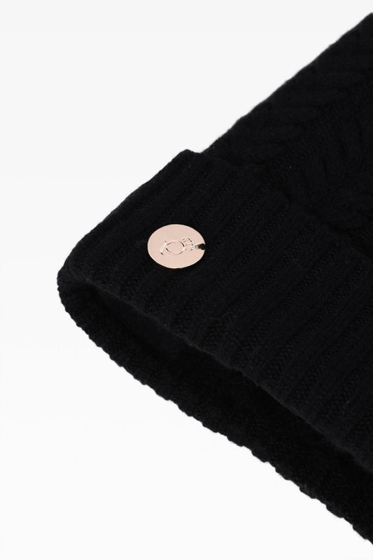 Georgie Cashmere Cable Rib Pom Pom Hat in Black with Faux Fur Pom