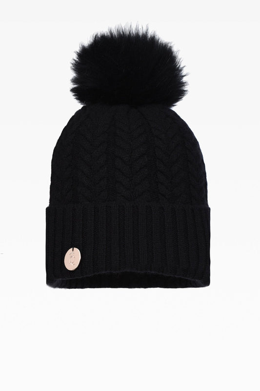 Georgie Cable Rib Pom Pom Hat - Real Fur - Dunedin Cashmere