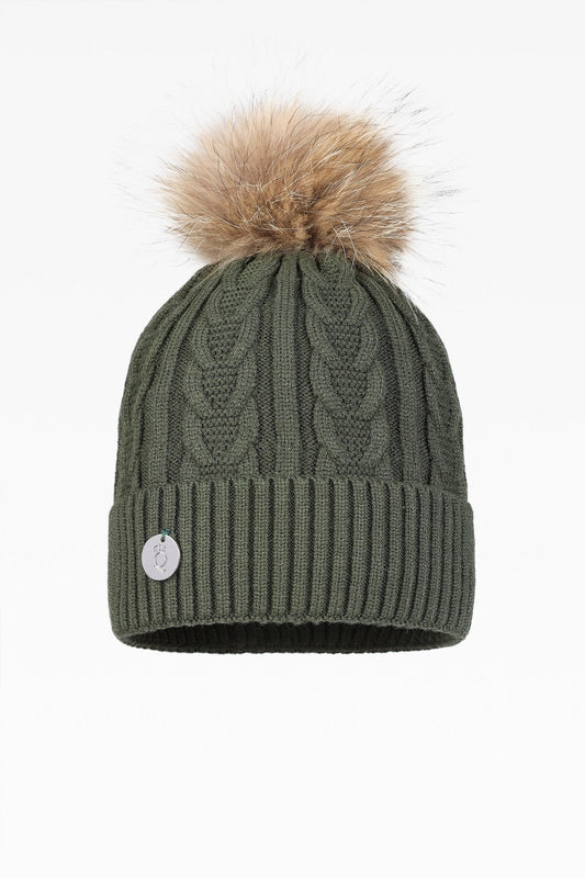 Jamie Cable Pom Pom Hat with Fleece Band - Faux Fur