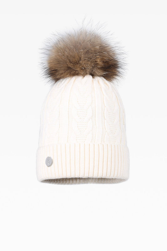 Jamie Cable Pom Pom Hat with Fleece Band - Faux Fur
