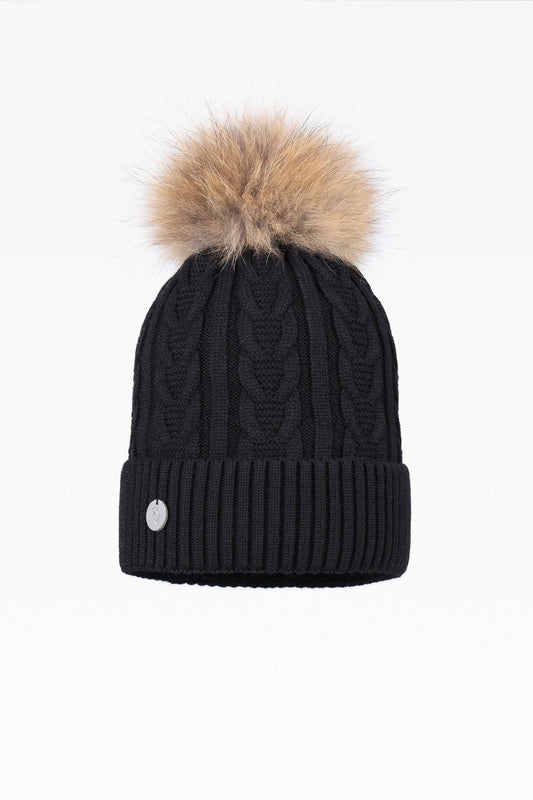 Jamie Cable Pom Pom Hat with Fleece Band - Real Fur