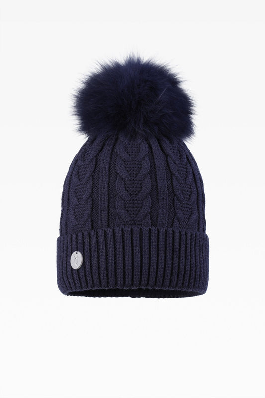Jamie Cable Pom Pom Hat with Fleece Band - Real Fur