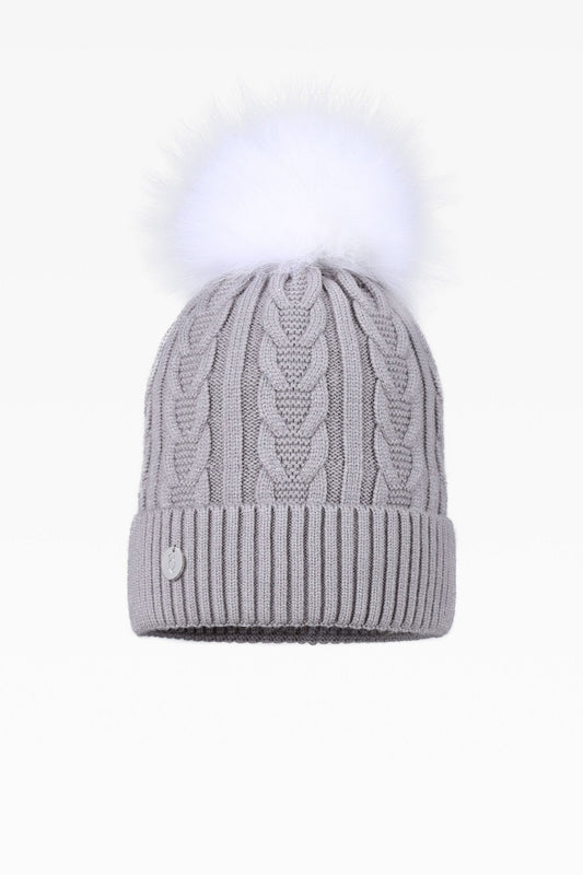 Jamie Cable Pom Pom Hat with Fleece Band - Real Fur